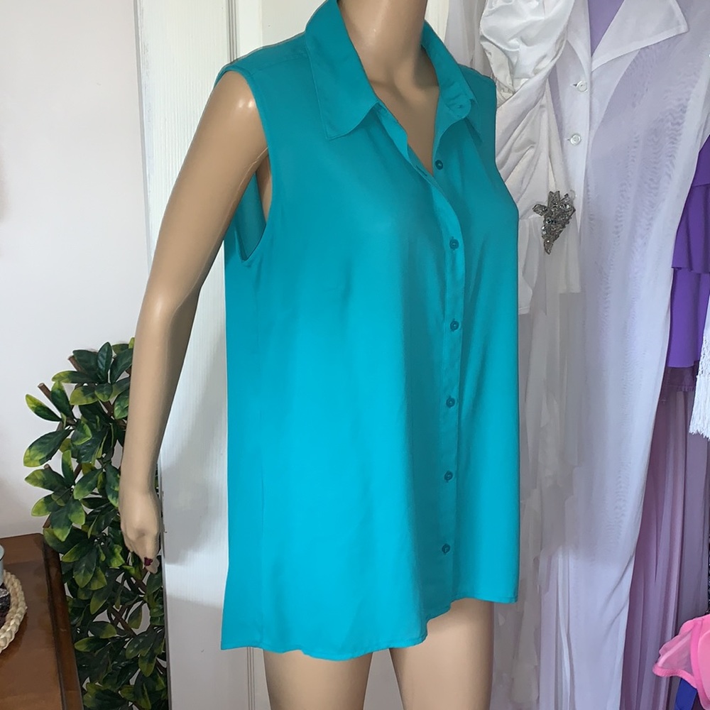 Green sleeveless button down front & back tunic vest shirt top L